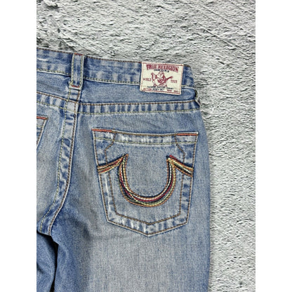 True Religion flared jeans blue white thick stitching Y2K