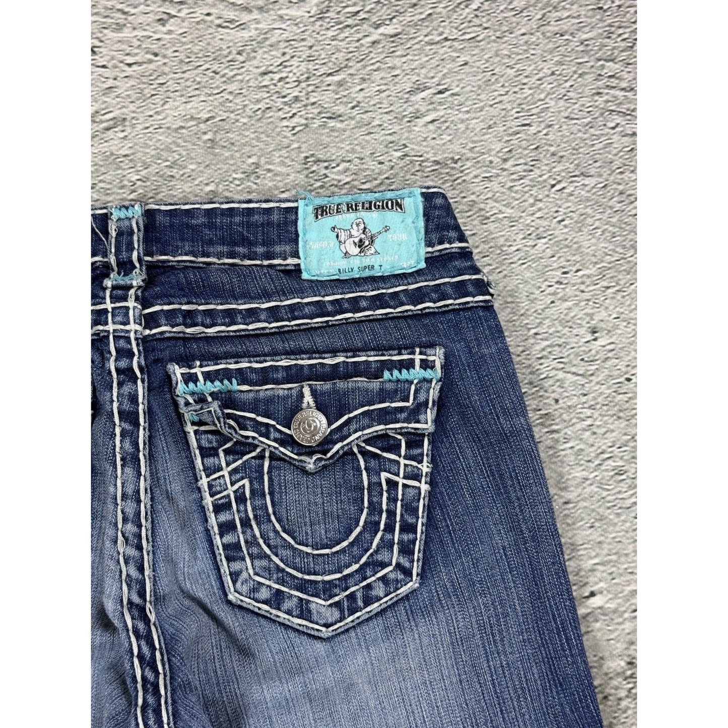True Religion jeans bootcut blue white thick stitching
