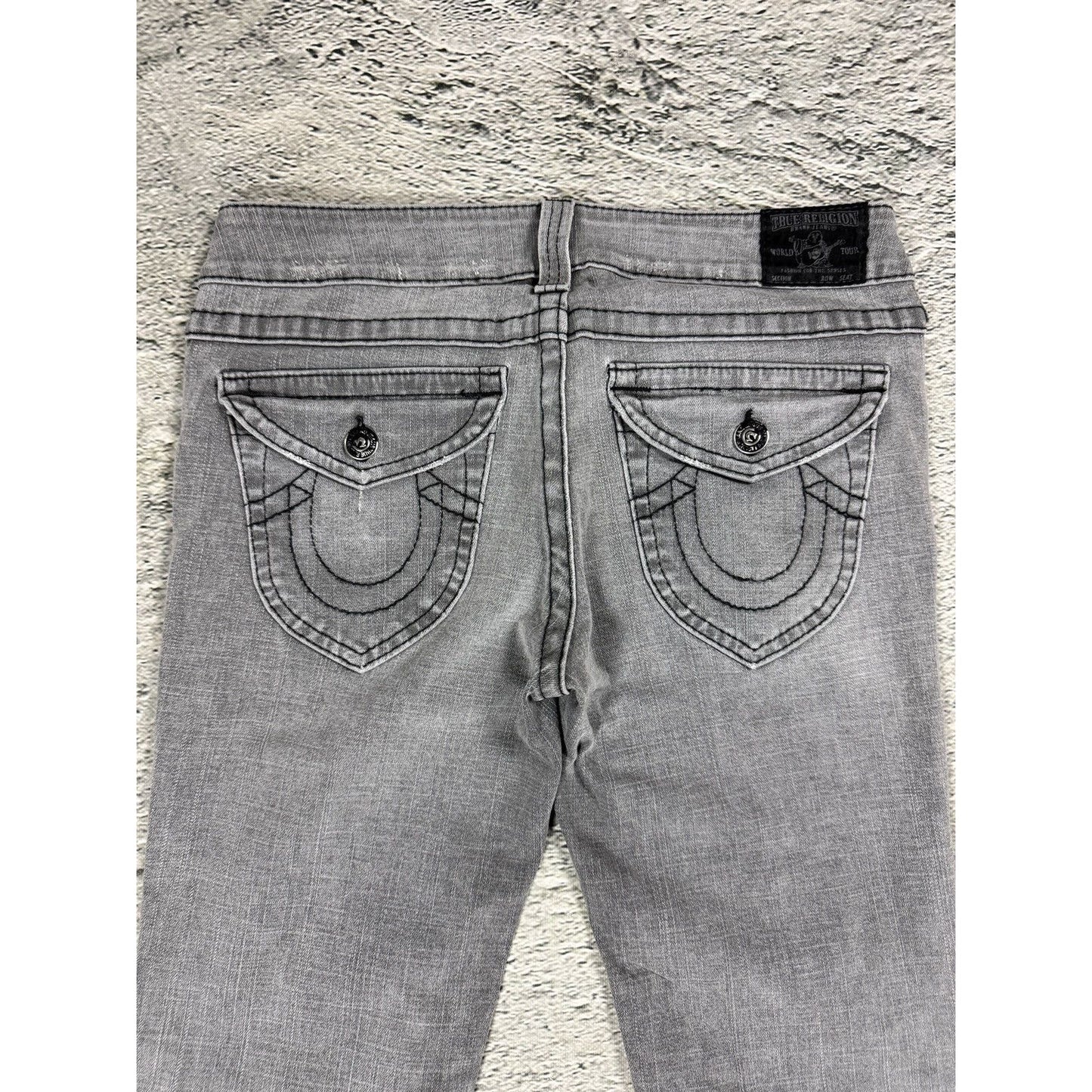 True Religion jeans grey black thick stitching flared Billy