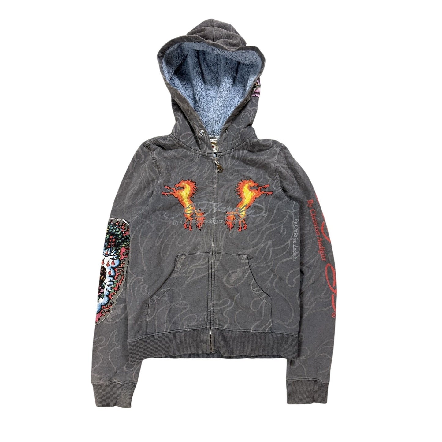 Ed Hardy zip hoodie grey Y2K vintage Christian Audigier fur