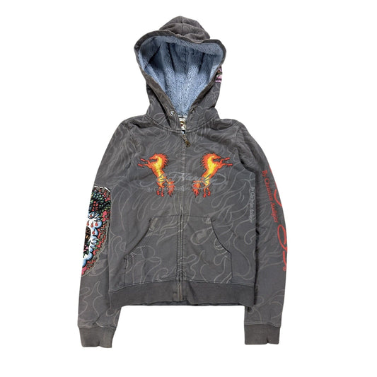 Ed Hardy zip hoodie grey Y2K vintage Christian Audigier fur