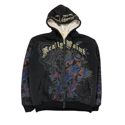 Really Point Y2K vintage zip hoodie black fur Ed Hardy