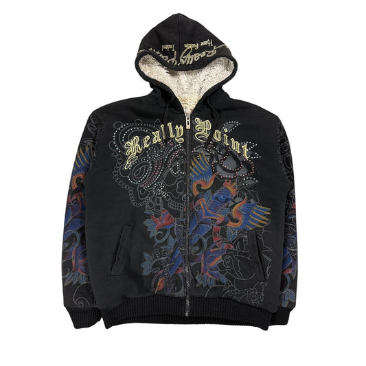 Really Point Y2K vintage zip hoodie black fur Ed Hardy