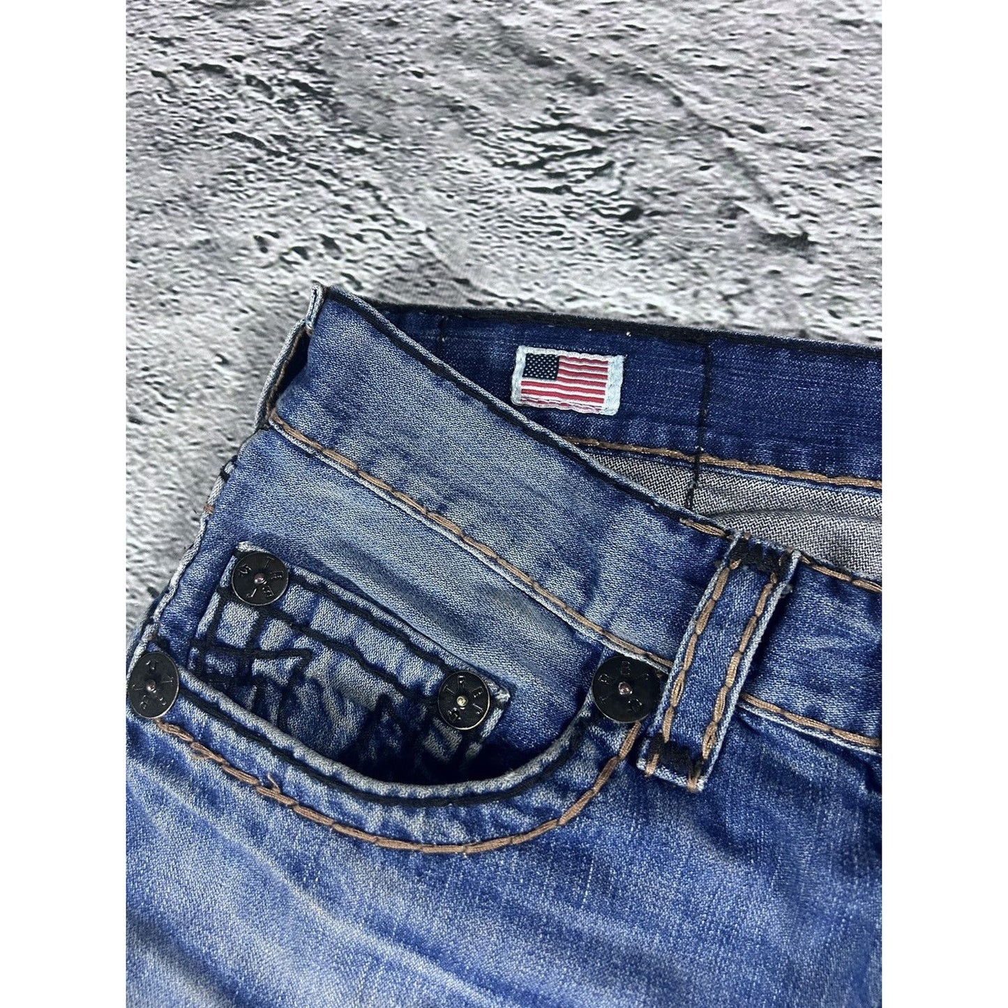 True Religion Blue jeans black thick stitching Bobby