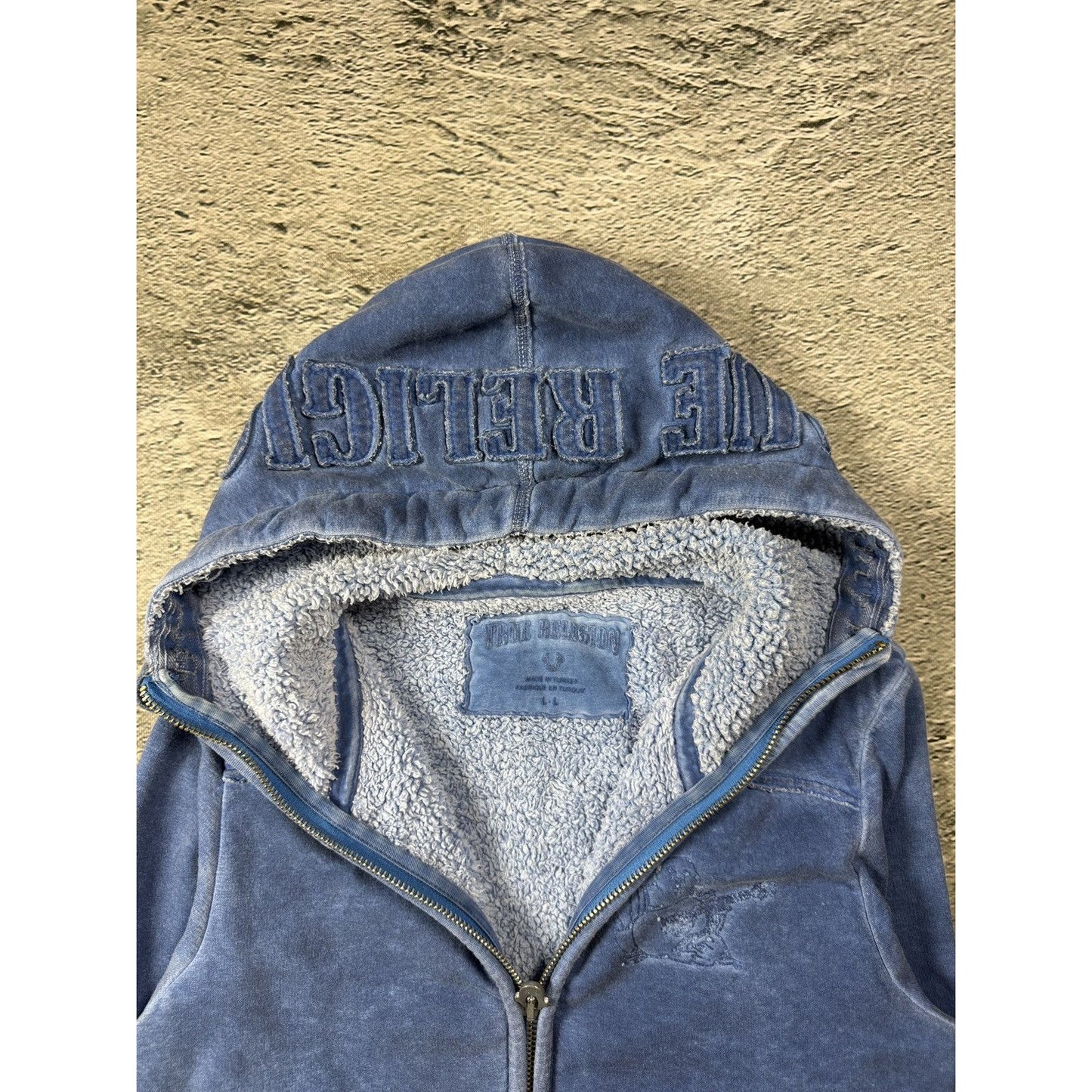 True Religion zip blue hoodie vintage sherpa big logo