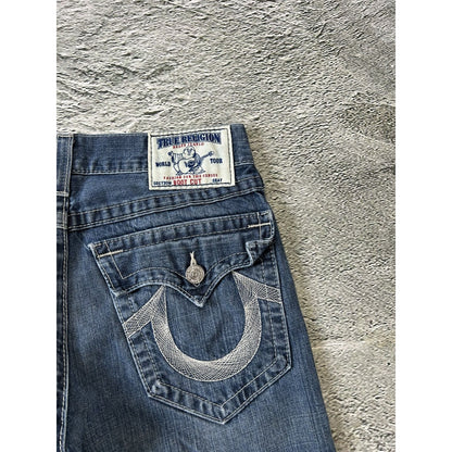 True Religion baby blue jeans white stitching Y2K bootcut