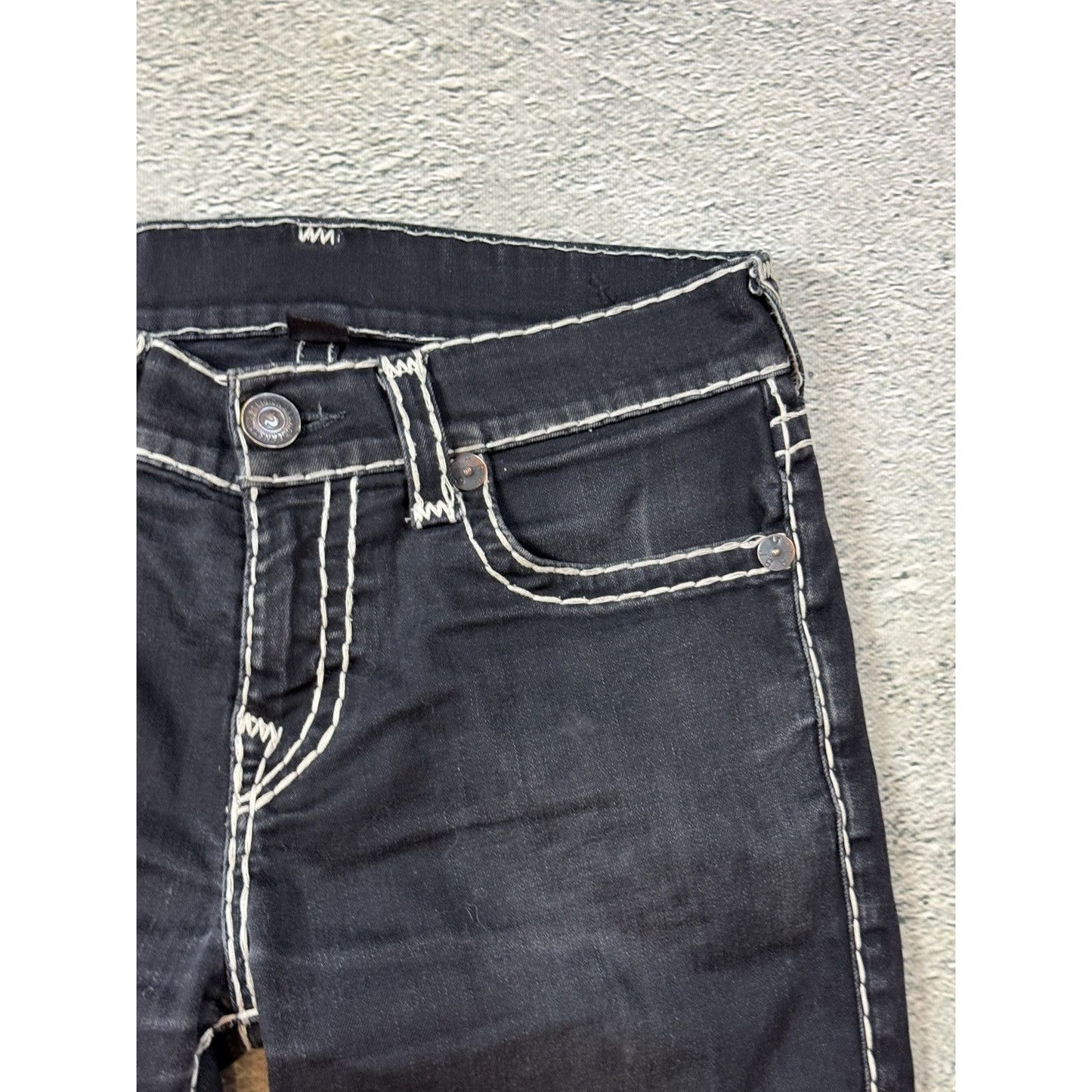 True Religion black jeans Rocco white thick stitching Y2K slim