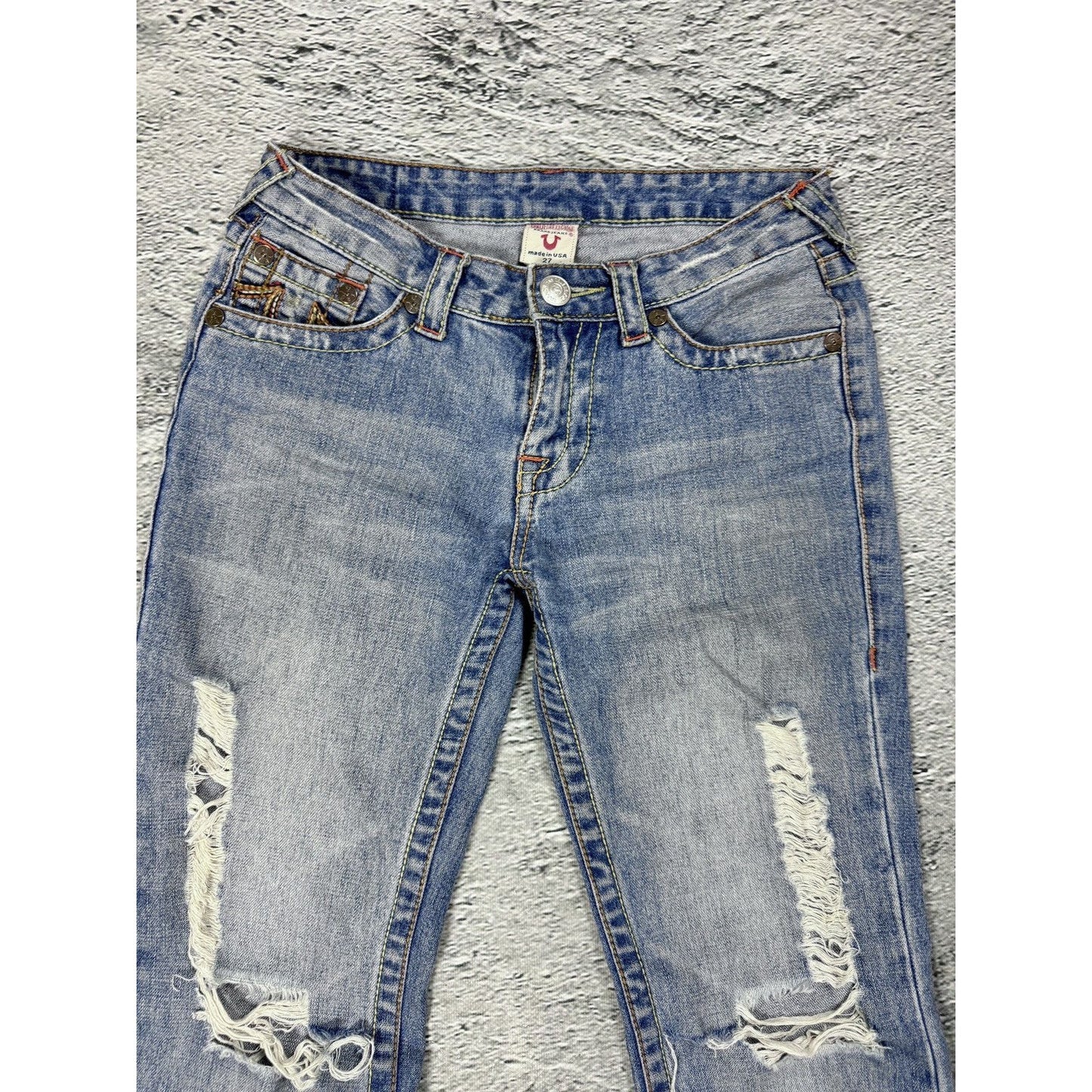 True Religion flared jeans blue white thick stitching Y2K
