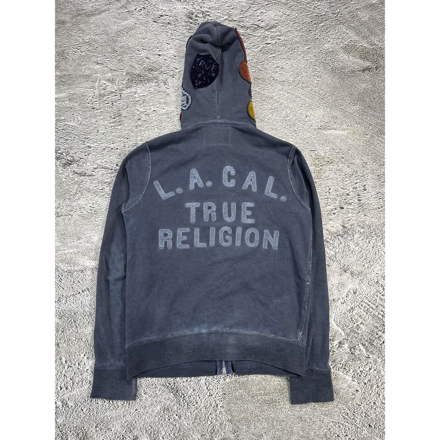 True Religion dark grey zip hoodie patchwork Y2K big logo