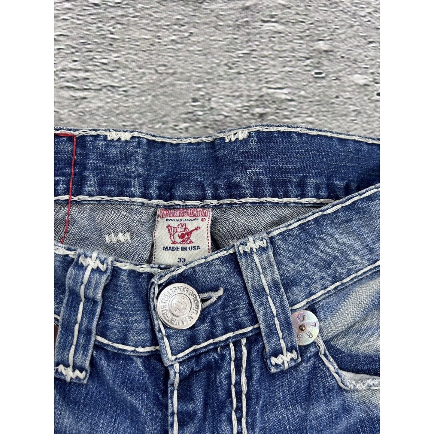 True Religion Blue jeans white thick stitching Bobby