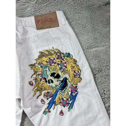 Ed Hardy white vintage jeans skull embroidered pants flowers