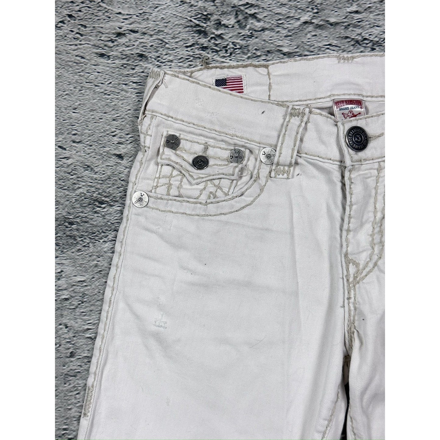 True Religion white jeans beige stitching Ricky Super T