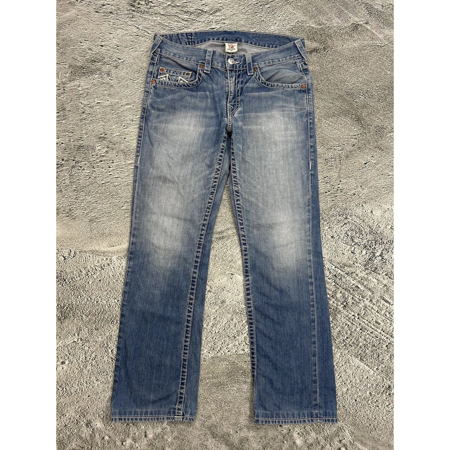 True Religion blue jeans white thick stitching straight Y2K