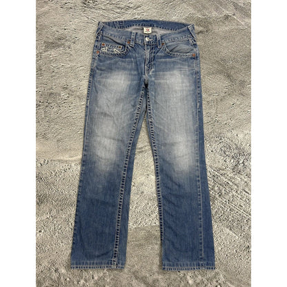 True Religion blue jeans white thick stitching straight Y2K
