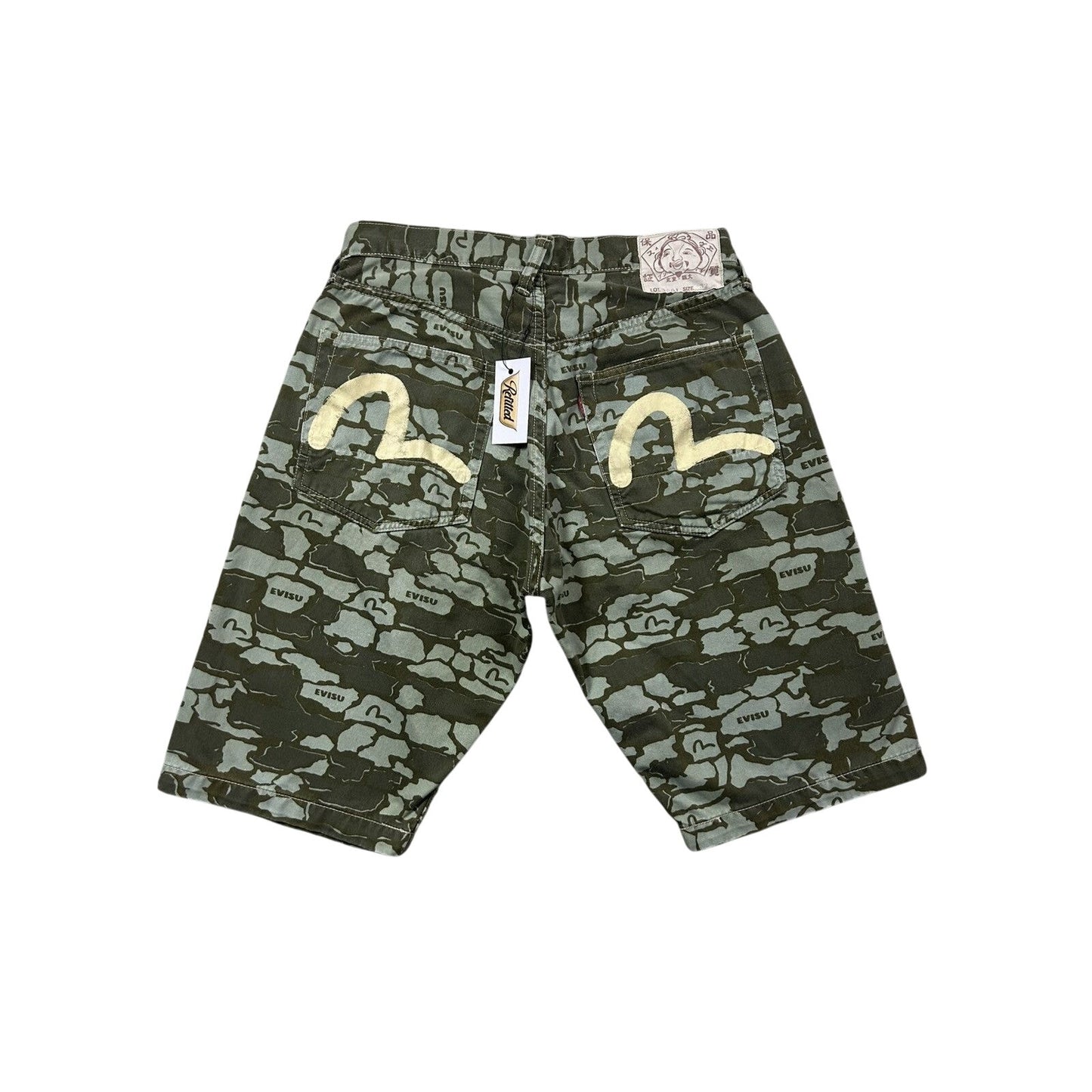Evisu camo jorts white seagulls green made in Japan