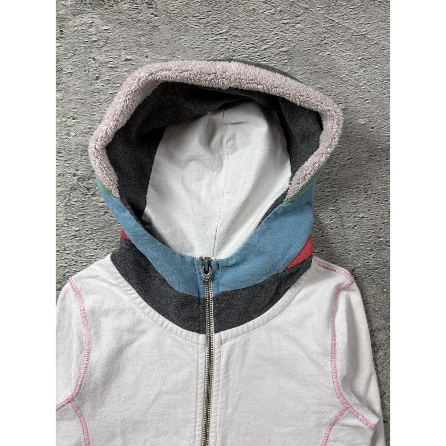 True Religion zip hoodie white pink stitches patchwork