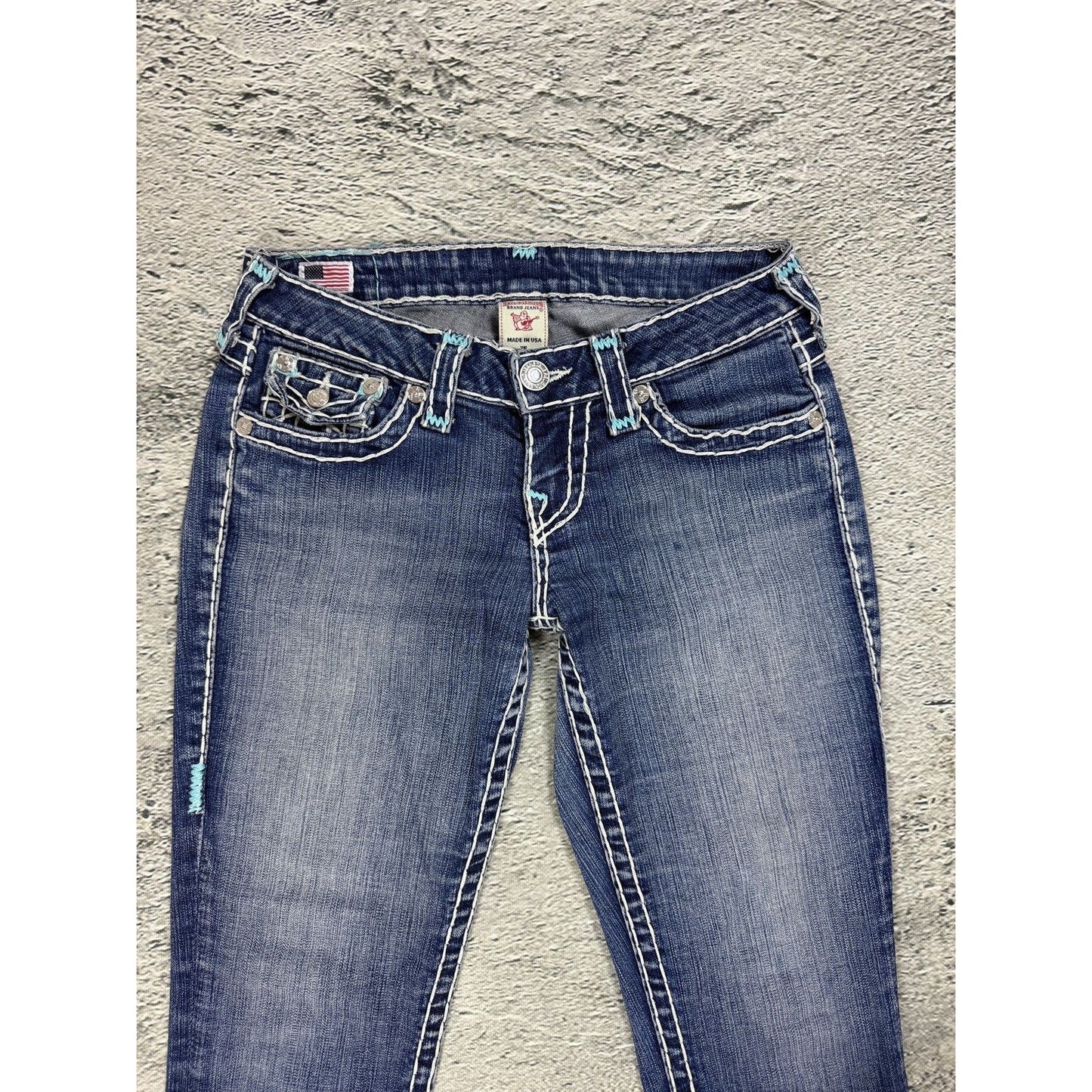 True Religion jeans bootcut blue white thick stitching