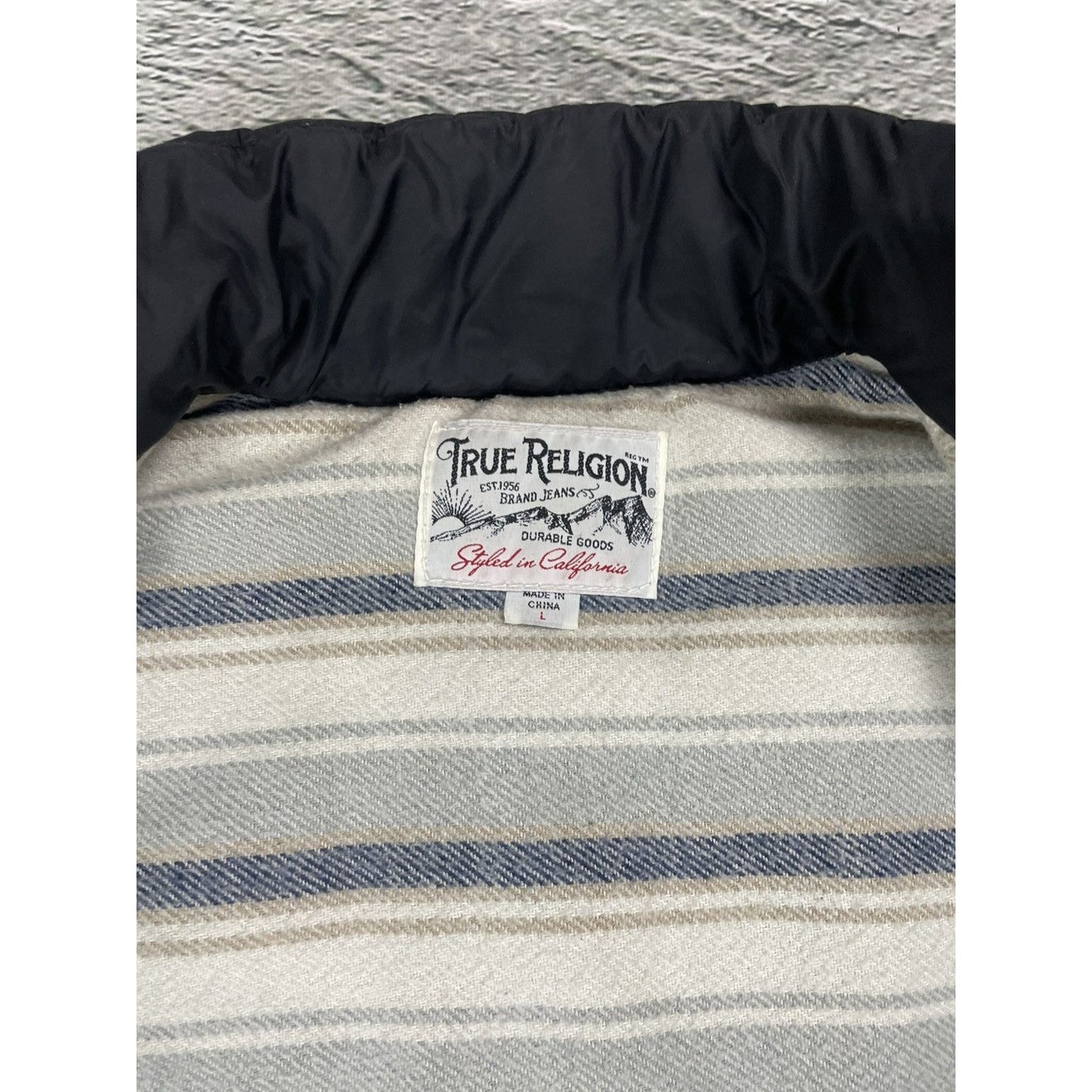 True Religion puffer jacket black leather patch