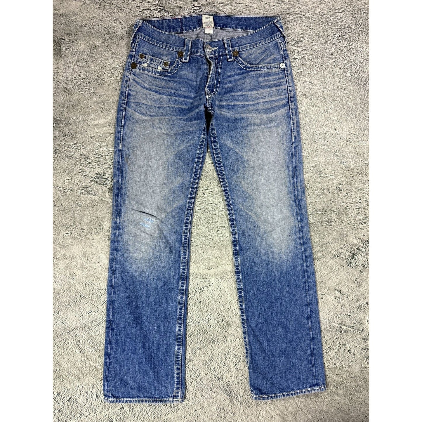 True Religion jeans Rainbow Bobby baby blue white stitch