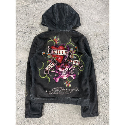 Ed Hardy zip hoodie black red vintage Y2K faux fur