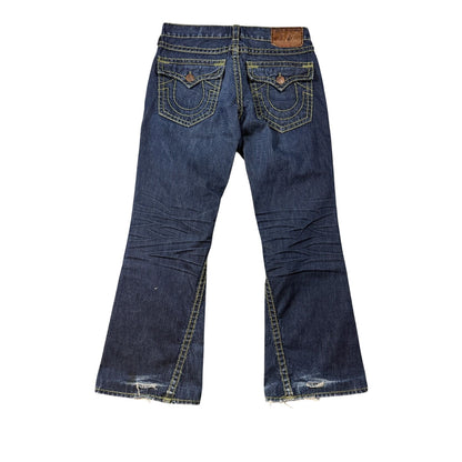 True Religion blue jeans flared bootcut green stitching Joey