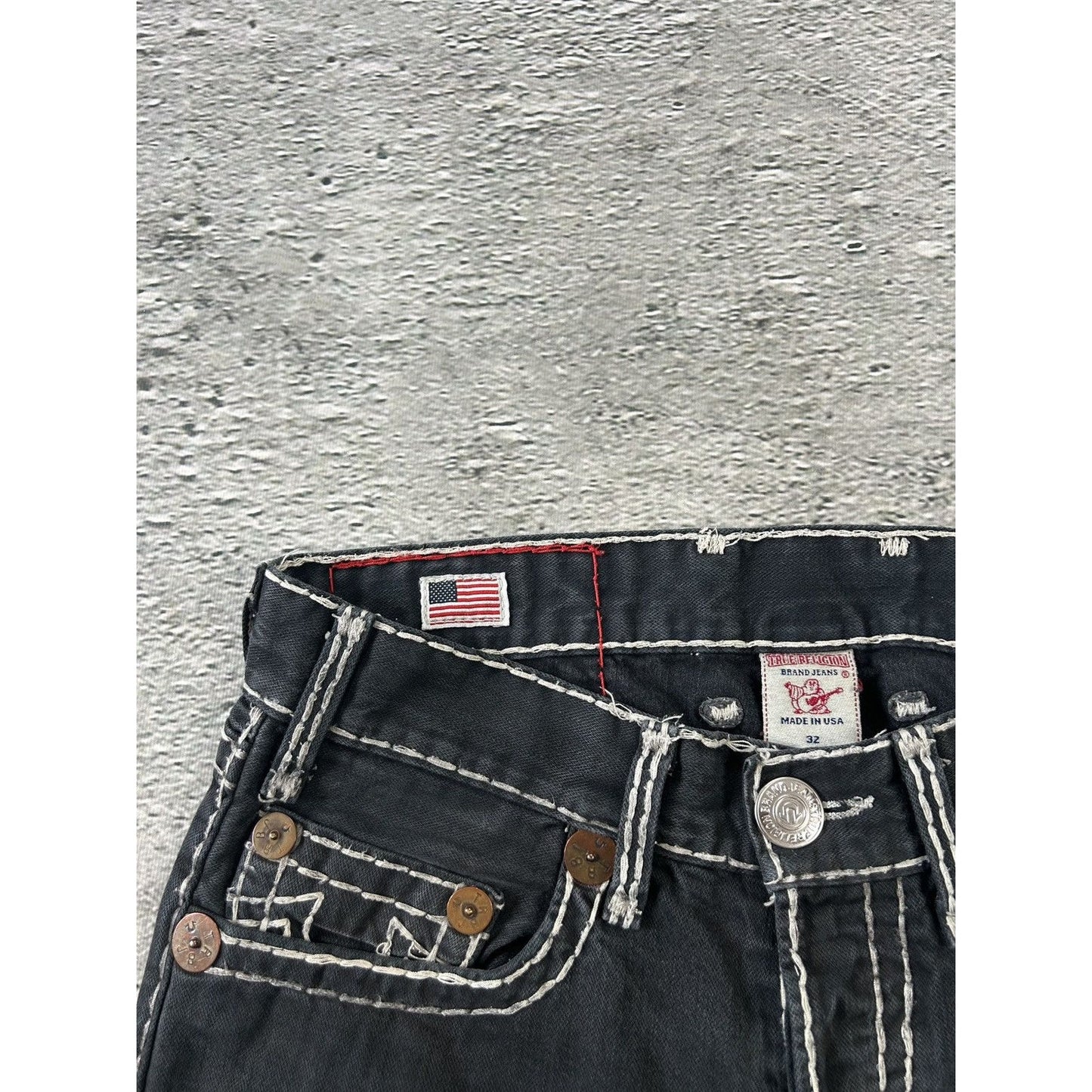 True Religion vintage black jeans denim white stitching