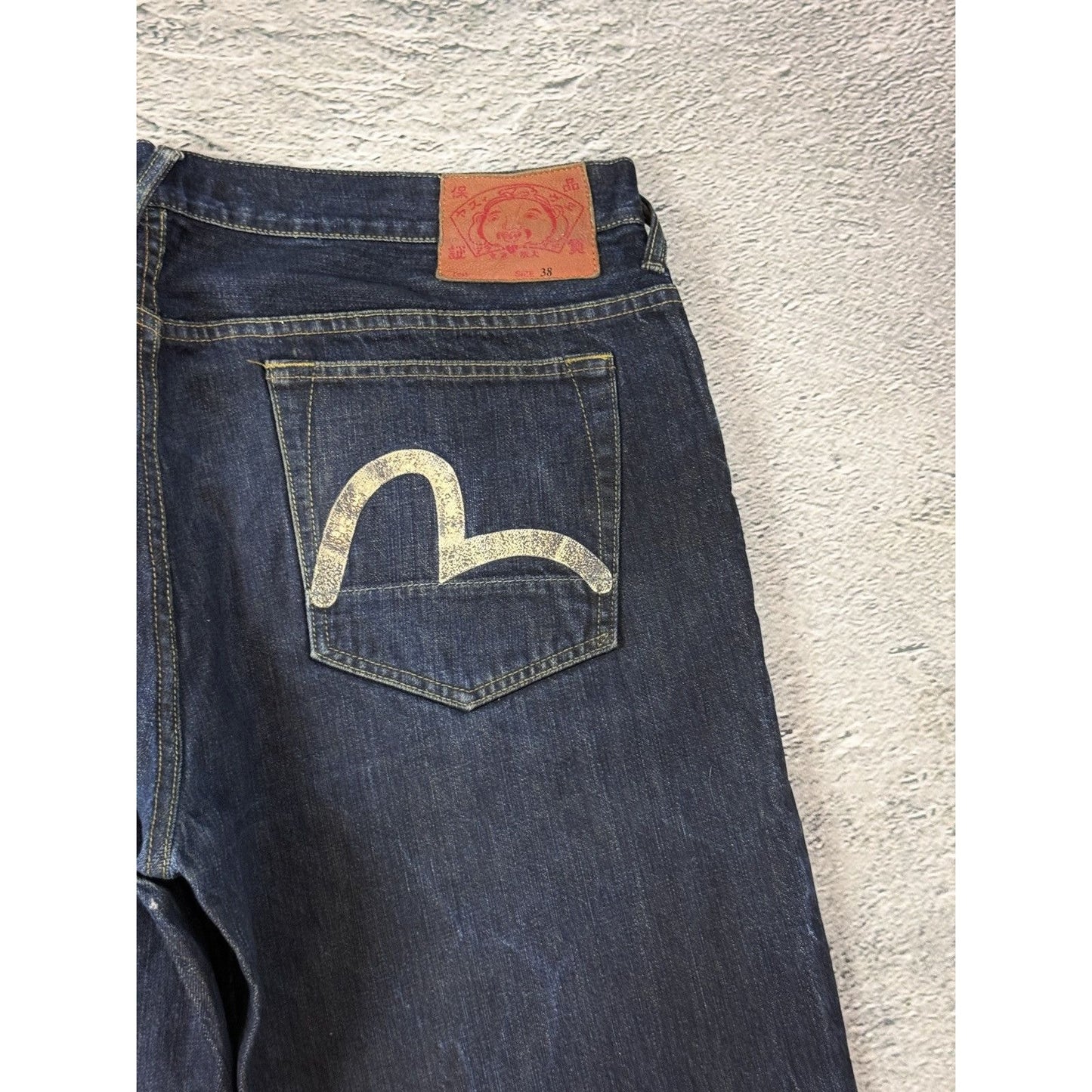 Evisu Genes jeans vintage raw denim blue painted seagull Y2K