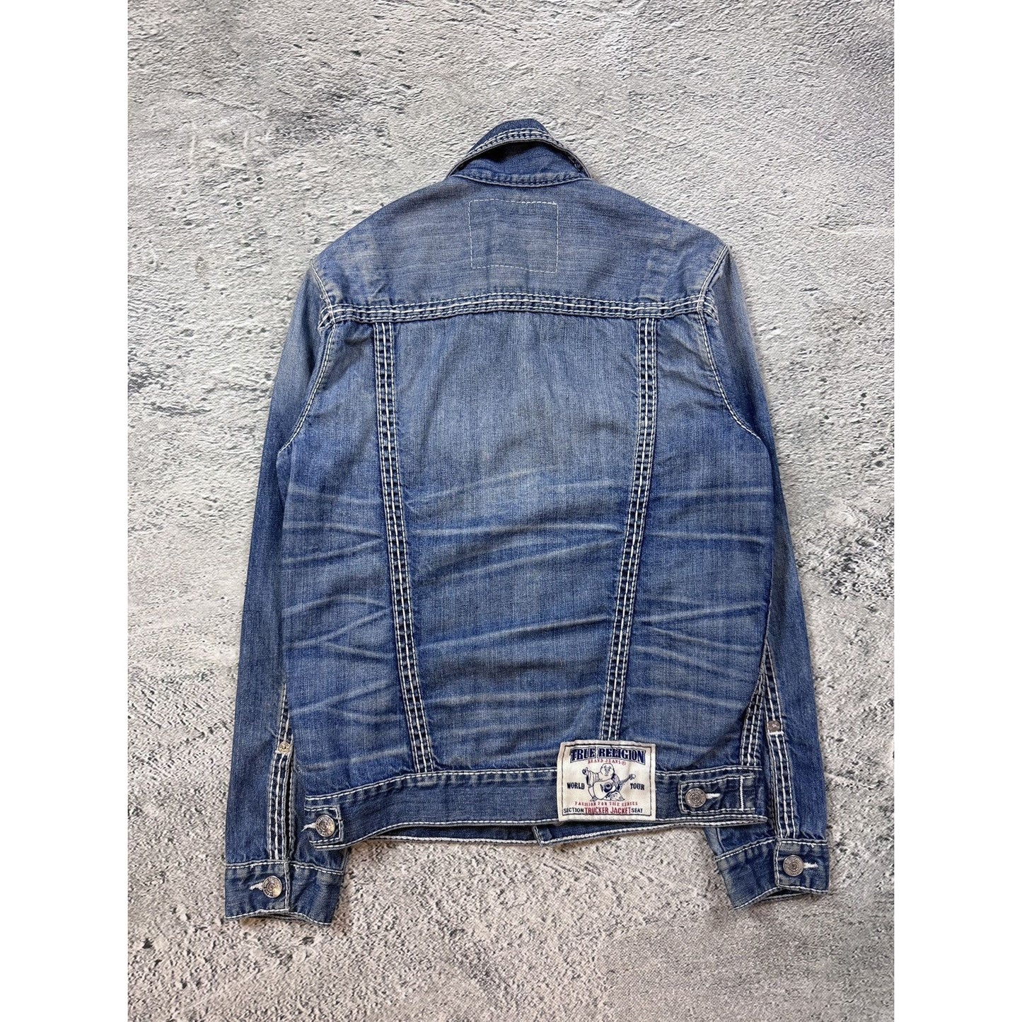 True Religion denim jacket blue white stitching trucker