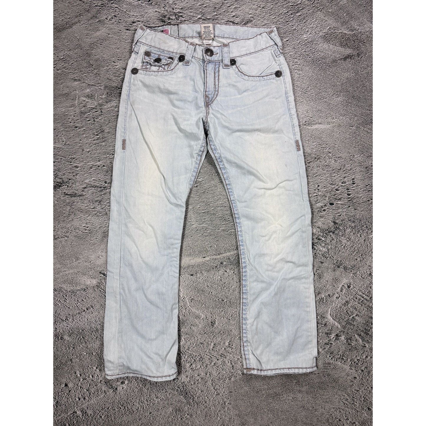 True Religion light blue jeans beige stitching Ricky Super T
