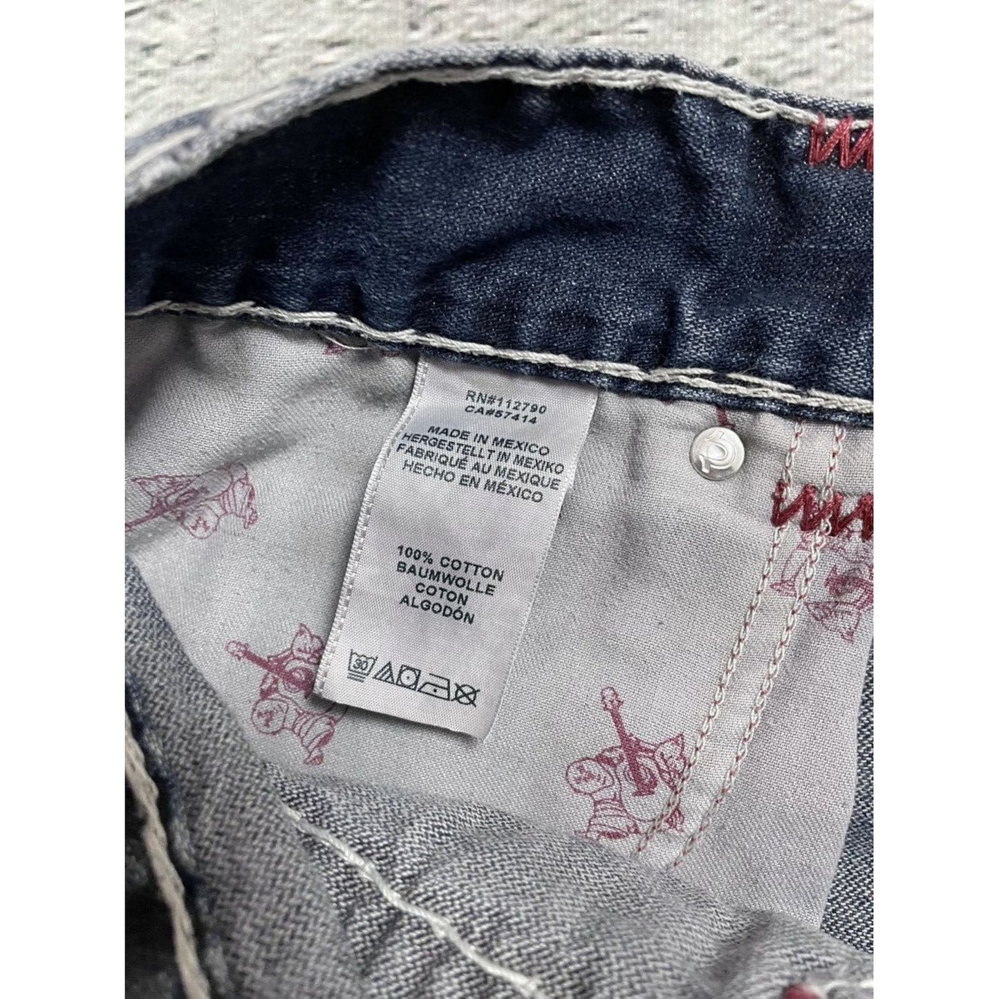 True Religion blue jeans white red thick stitching straight