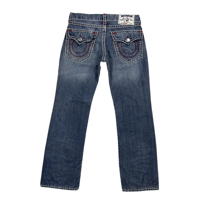 True Religion blue jeans white red thick stitching straight