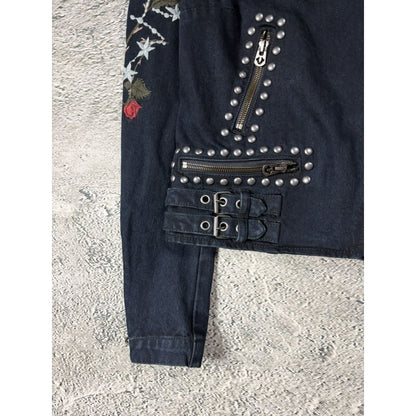 True Religion denim jacket Biker black roses studded red