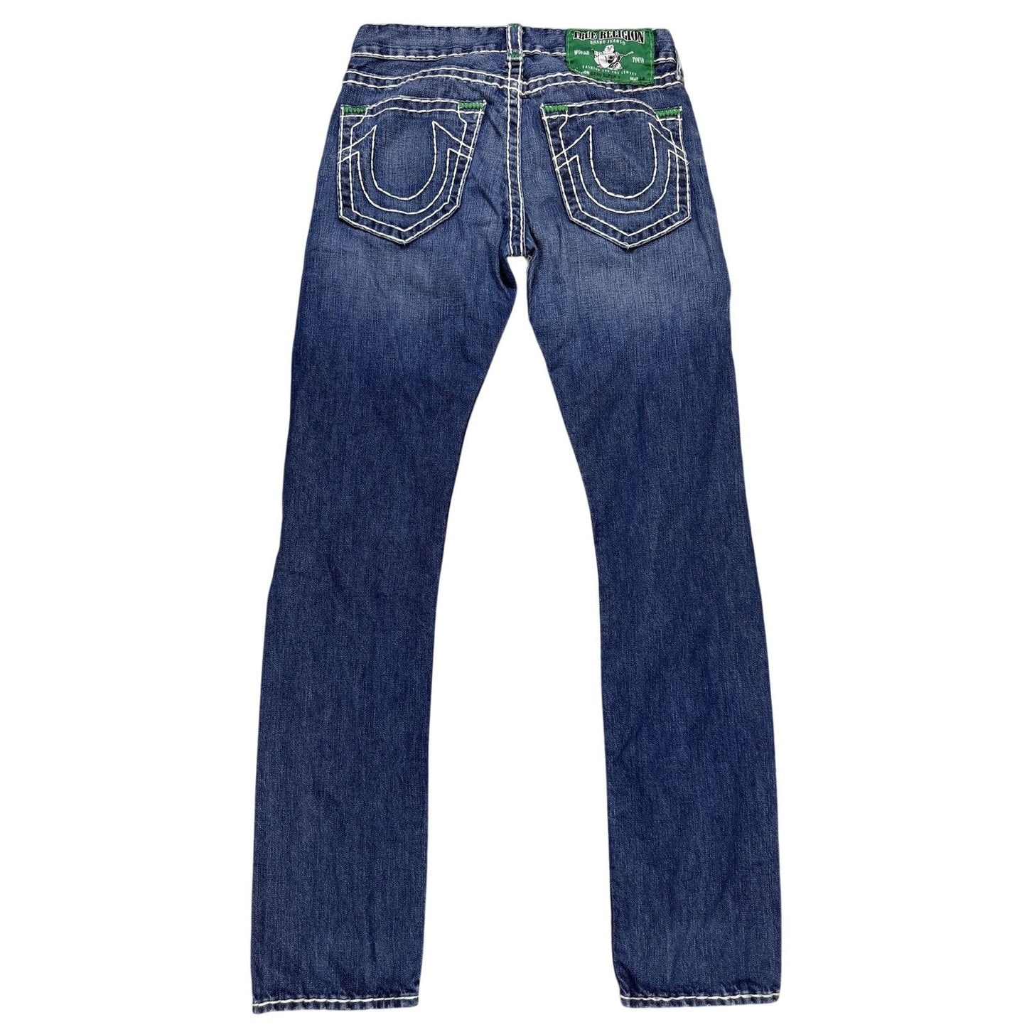 True Religion Geno Green tab blue jeans white stitching
