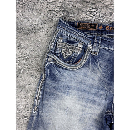Rock Revival straight vintage blue jeans leather patch Y2K