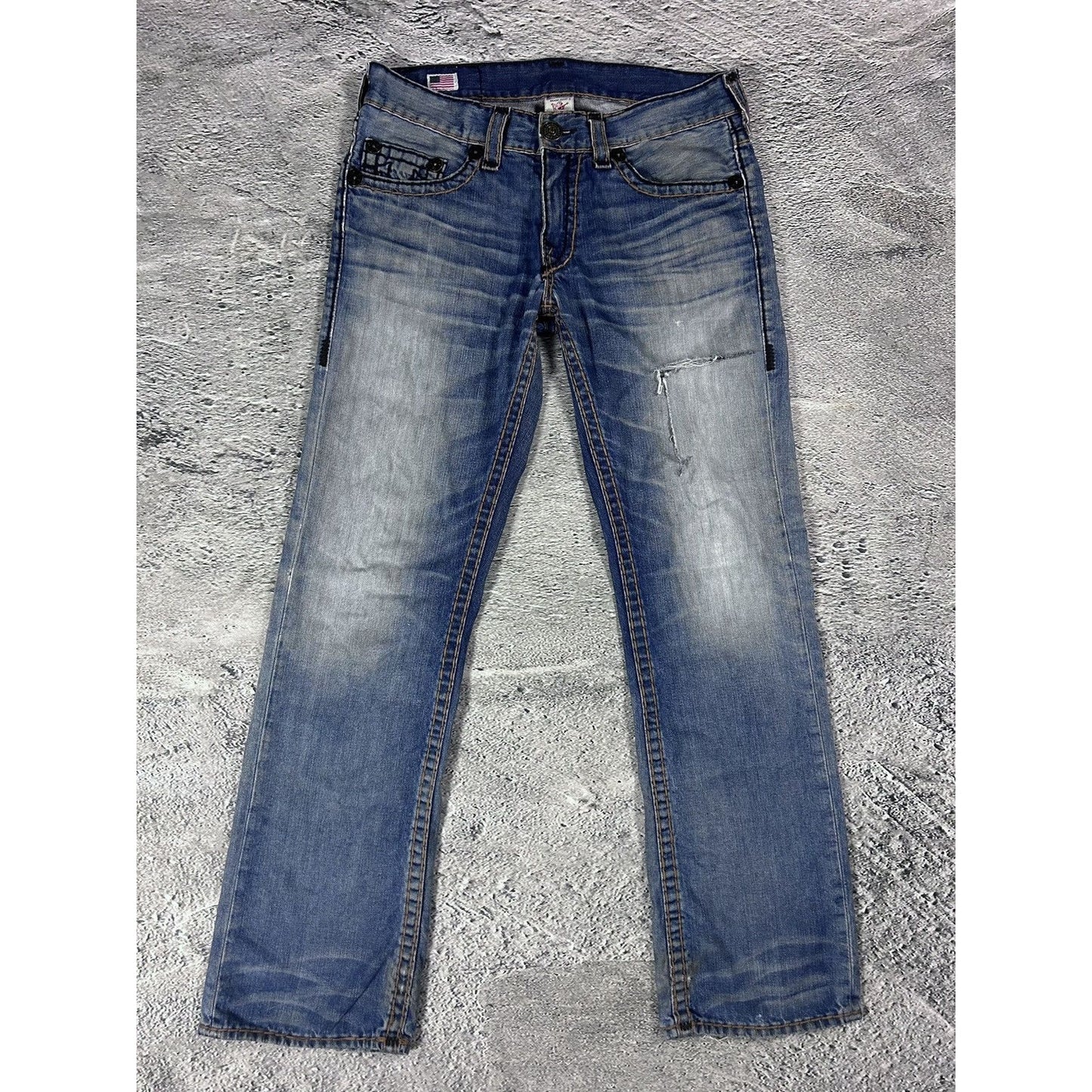True Religion Blue jeans white thick stitching Bobby