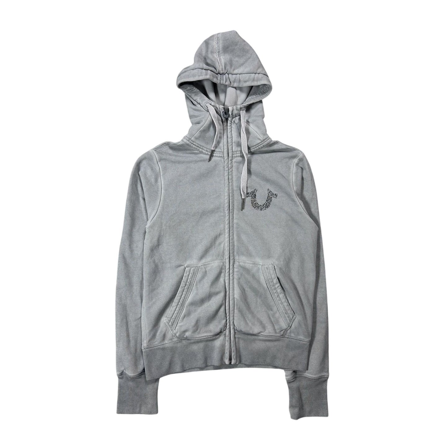 True Religion zip hoodie grey rhinestones logo horseshoe Y2K