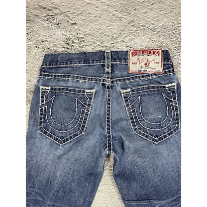 True Religion blue jeans white thick stitching Bobby