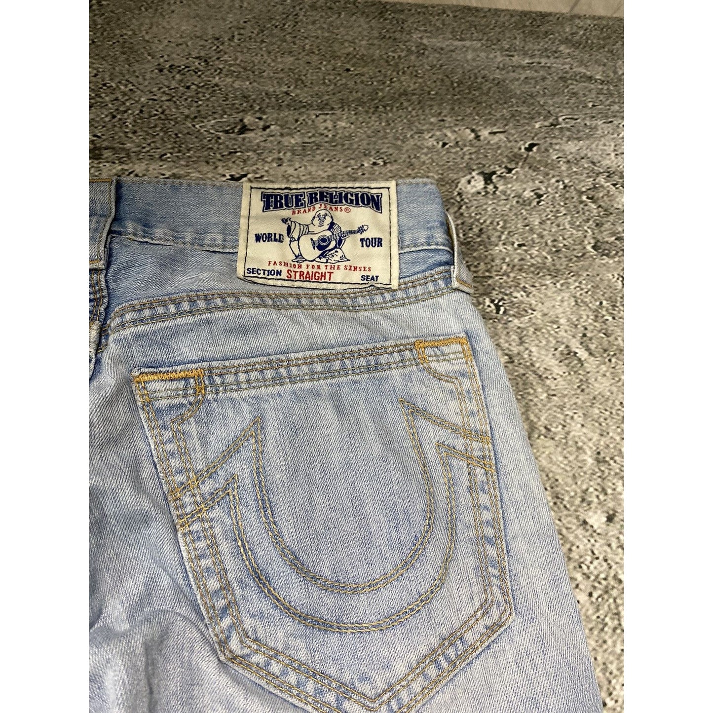 True Religion baby blue jeans gold stitching Y2K