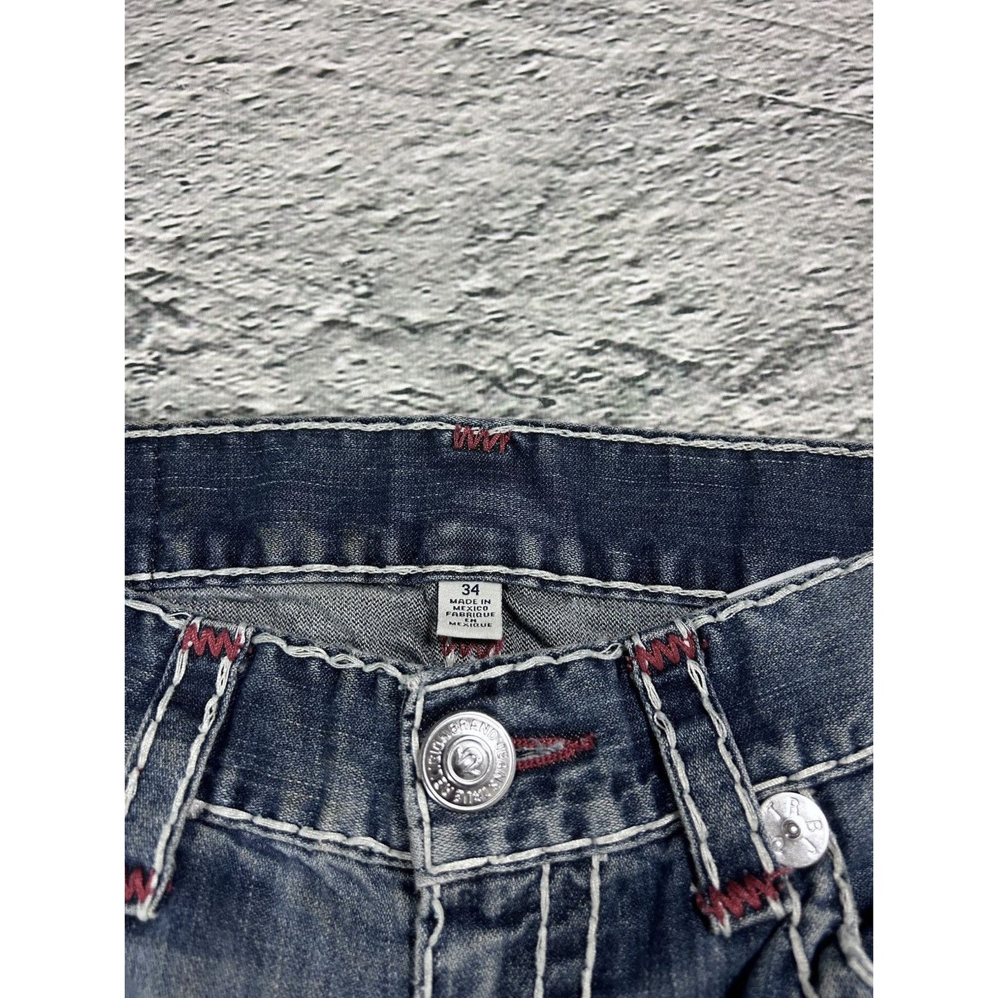 True Religion blue jeans white red thick stitching straight