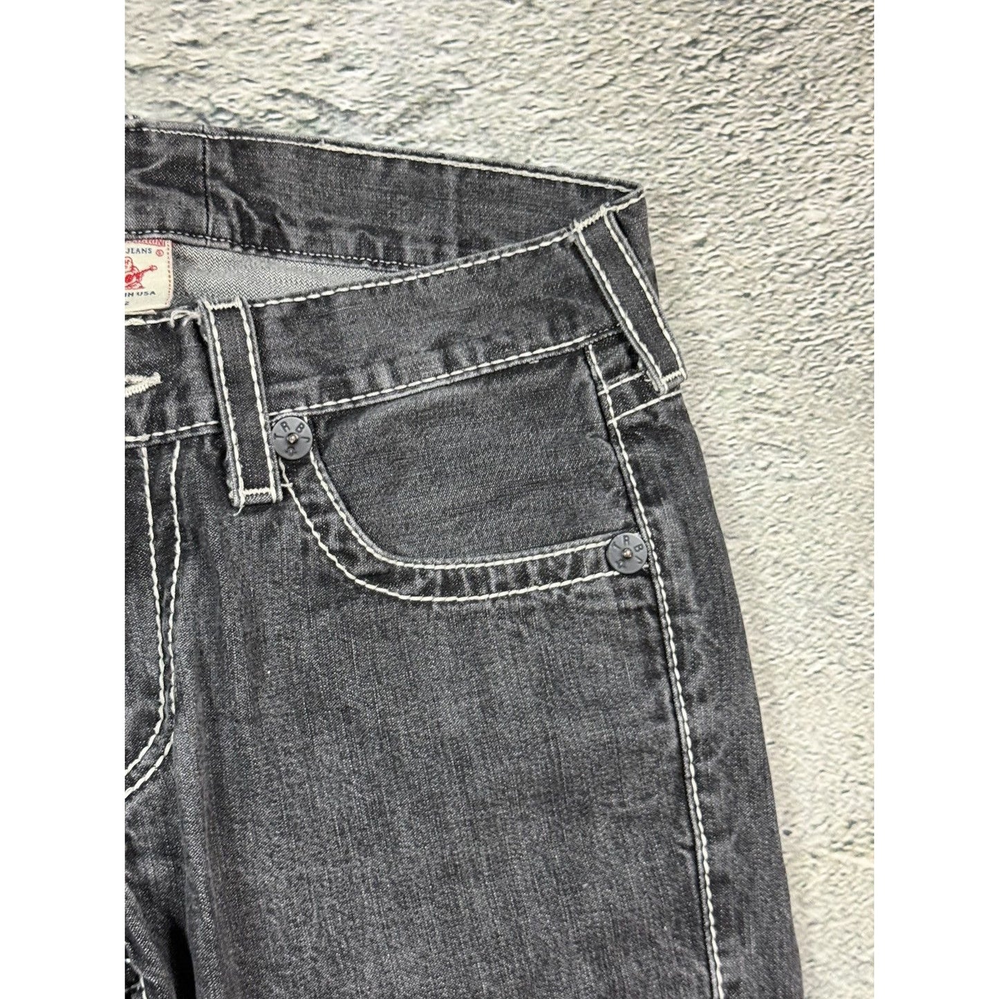 True Religion jeans grey black leather patch Bobby straight