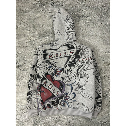 Really Point Y2K vintage zip hoodie grey fur Ed Hardy