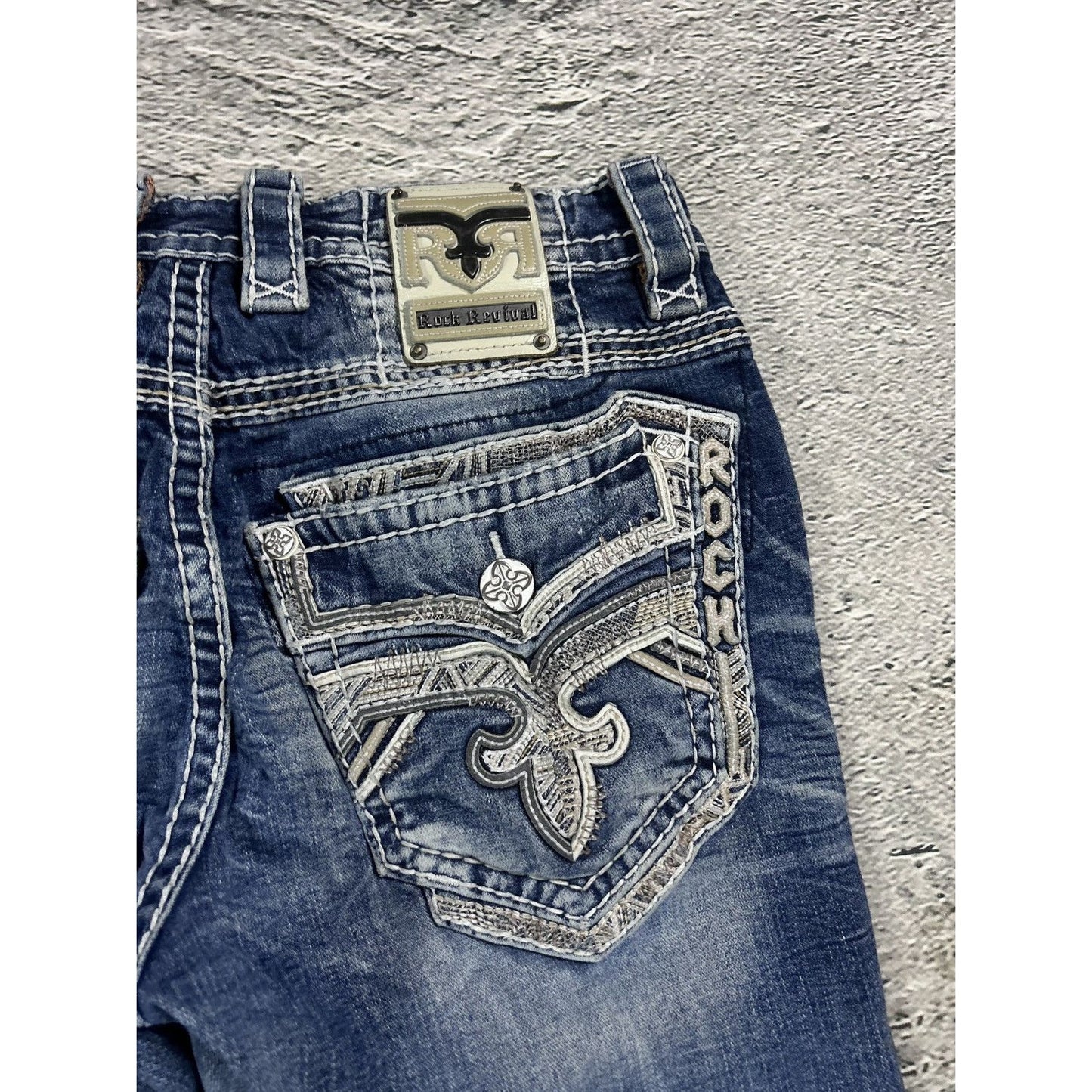 Rock Revival vintage jeans blue white stitching Y2K