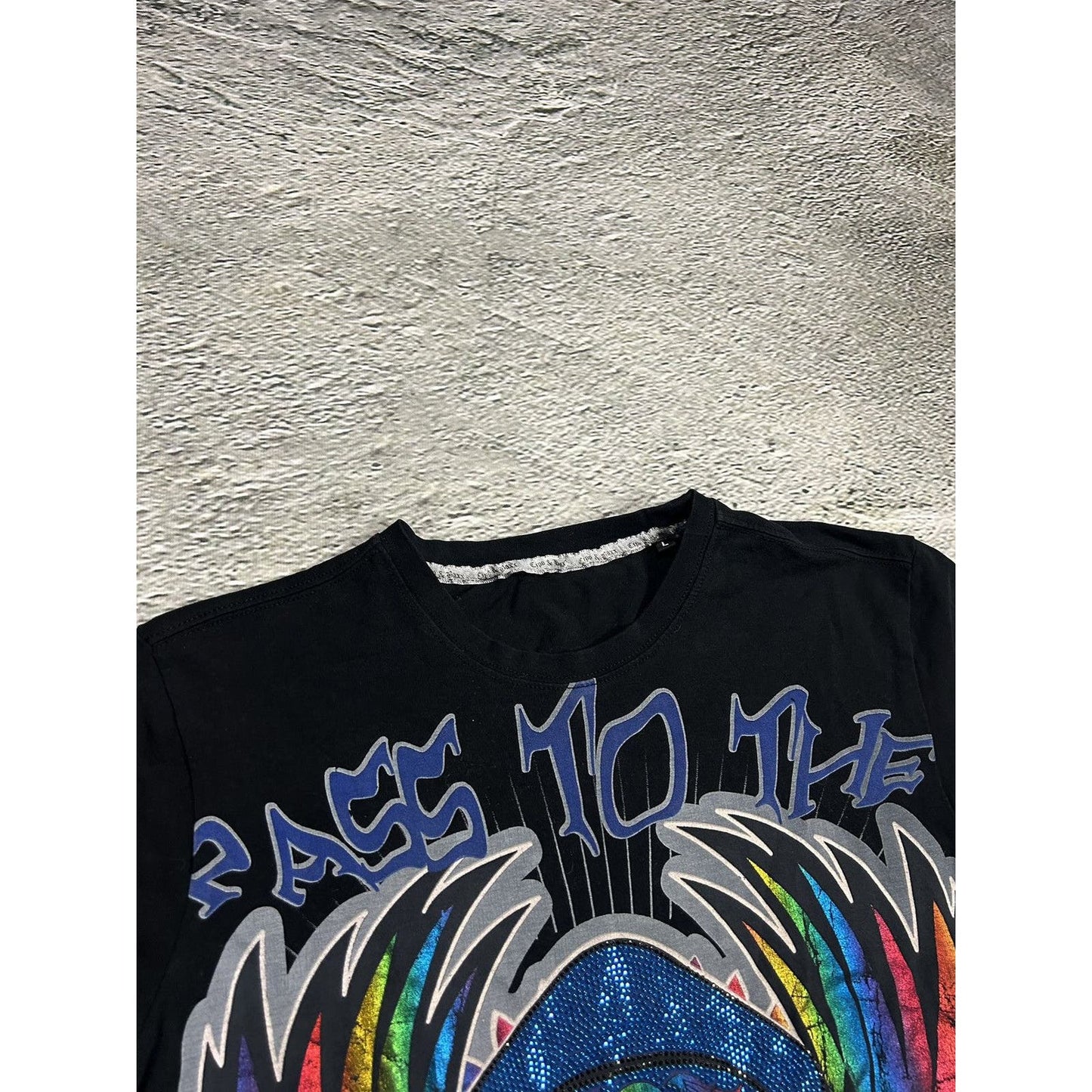 Vintage black T-shirt Y2K Affliction style gemstones rainbow