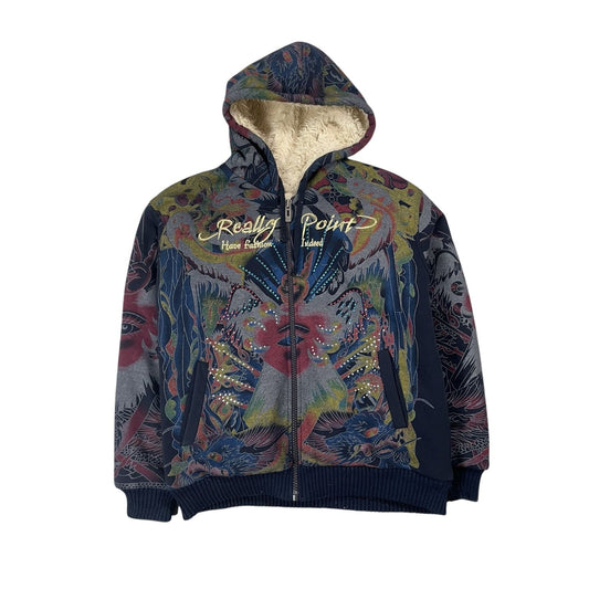 Really Point Y2K vintage zip hoodie navy fur Ed Hardy