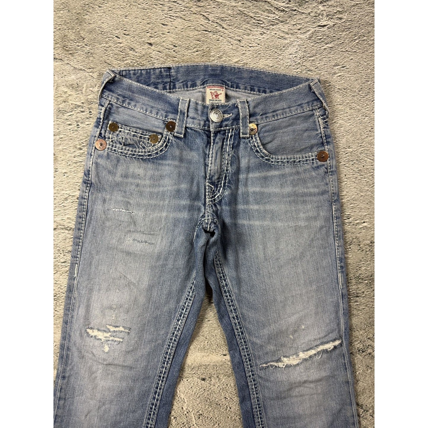 True Religion washed light blue jeans white stitching Bobby
