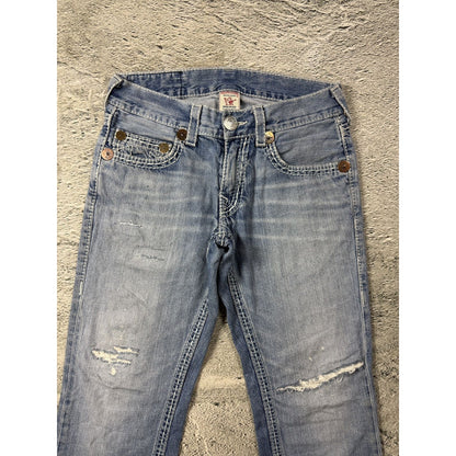 True Religion washed light blue jeans white stitching Bobby