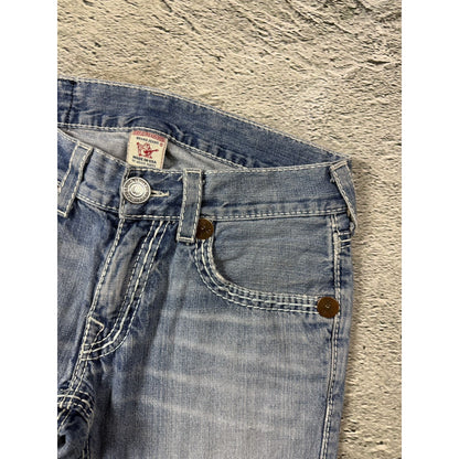 True Religion washed light blue jeans white stitching Bobby