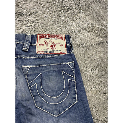 True Religion blue jeans white thick stitching Bobby