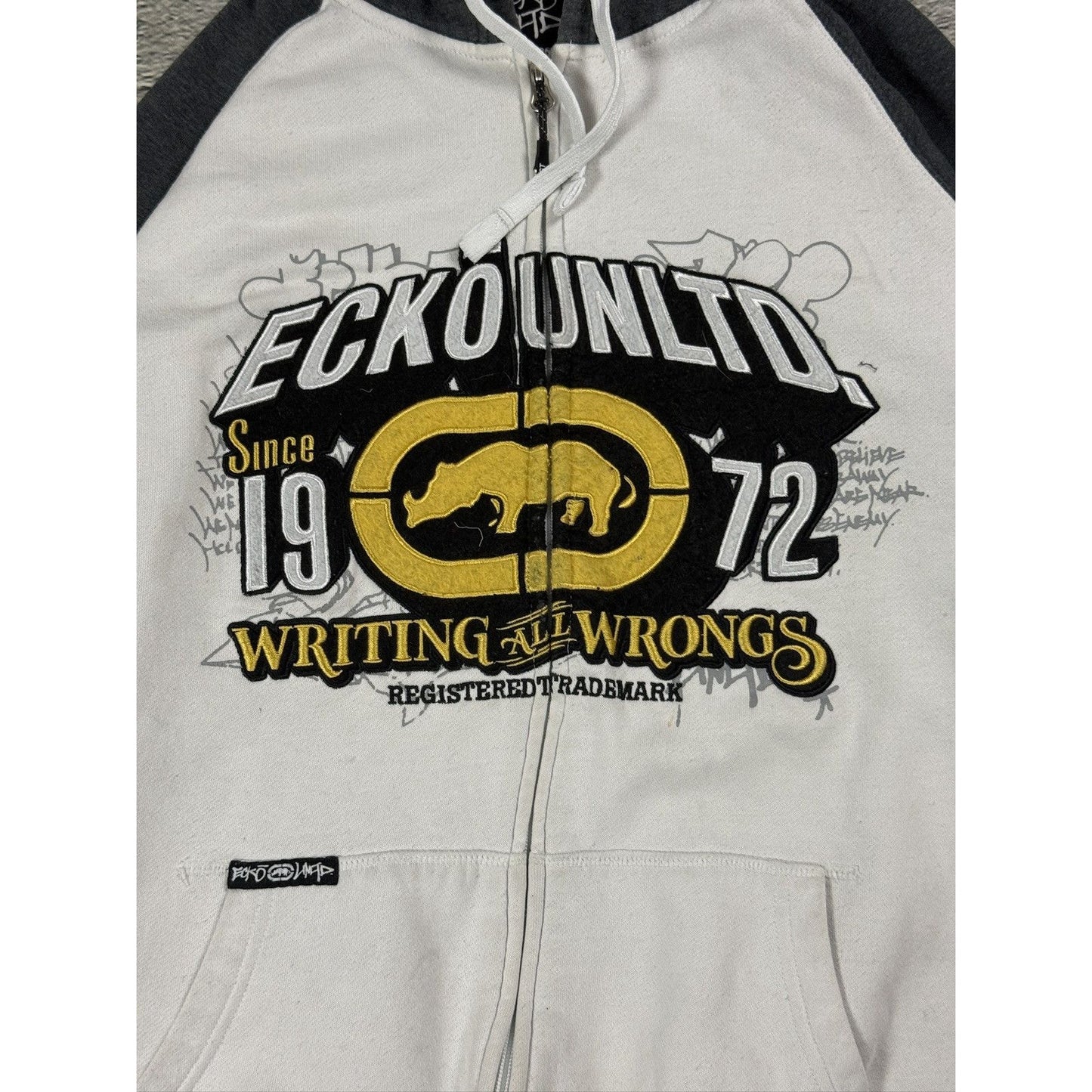 Ecko Unltd vintage zip hoodie white grey yellow big logo Y2K