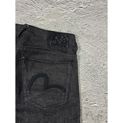 Evisu jorts black gray shorts raw denim leather seagulls